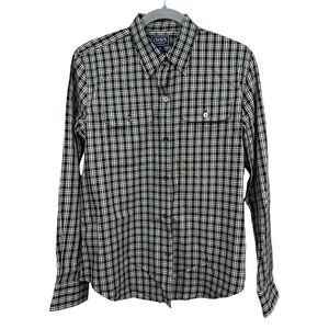 Chaps Women Plaid Top Blouse Classic Fit Button Up Flap Pockets Black White M*